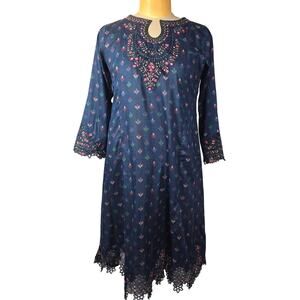 Bin Saeed M Blue Floral Embroidered Kurta Tunic Dress Boho Festival Lightweight